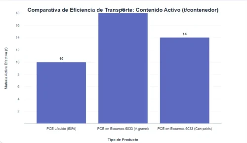 Comparativa de eficiencia de transporte entre PCE en escamas y líquido