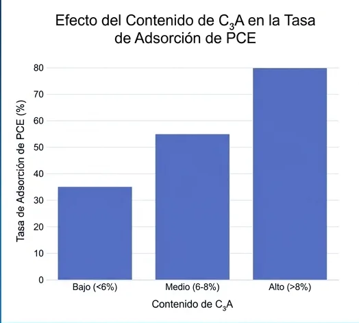 Tasa de adsorción según el contenido de C3A para compatibilidad cemento y PCE