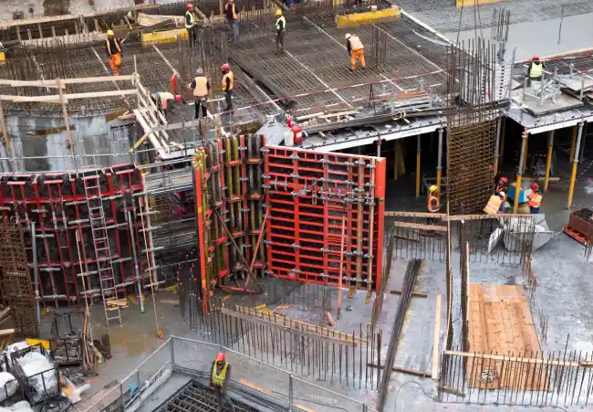 construction site with workers and materials